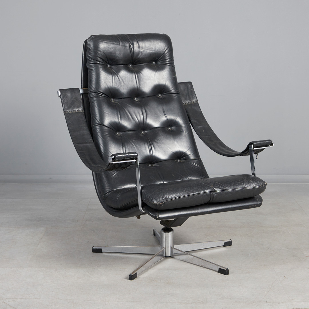 Lounge Sessel / Drehsessel, Stahl, Leder, 1960er Jahre.