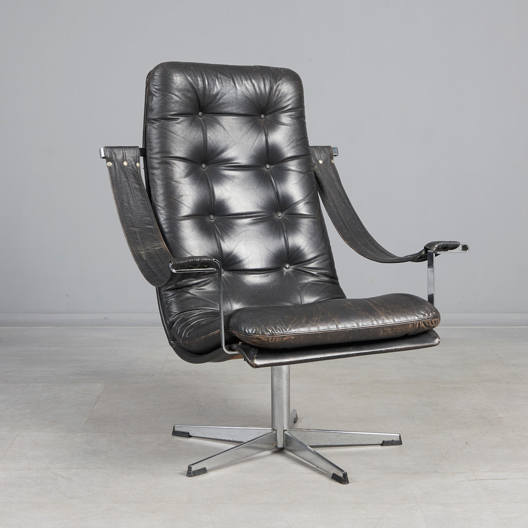 Lounge Sessel / Drehsessel, Stahl, Leder, 1960er Jahre.