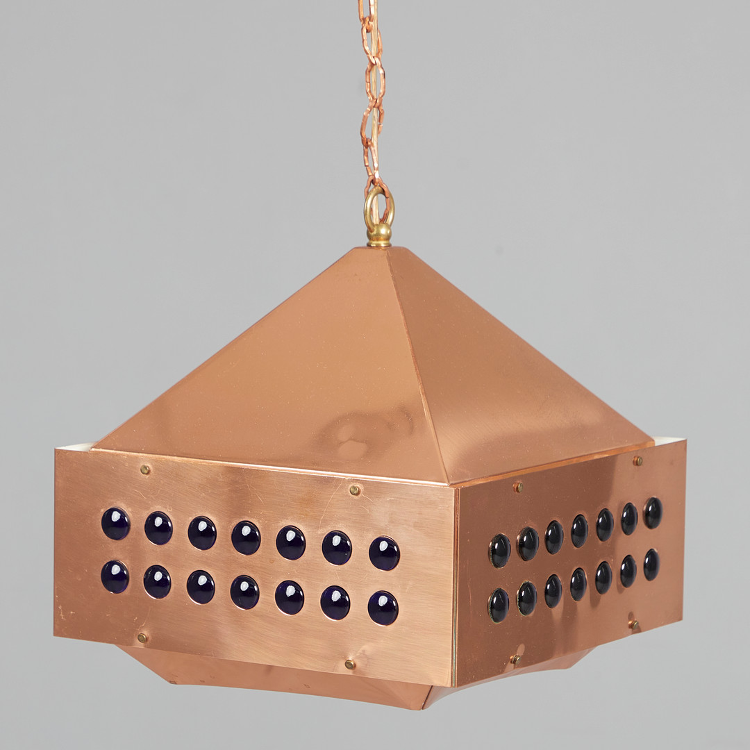 HANS-AGNE JAKOBSSON. Markaryd. Pendelleuchte / Deckenlampe, Kupfer, Glas, 1960er/70er Jahre, Schweden.