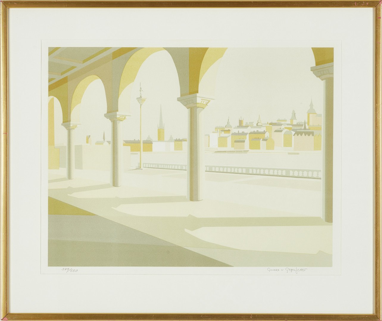 GUNNAR VON GEGERFELT (Laholm 1926-2012 Vreta kloster), Vy från stadshusarkaden mot Riddarholmen och Mariaberget, signerad och numrerad 379/550, färglitografi.