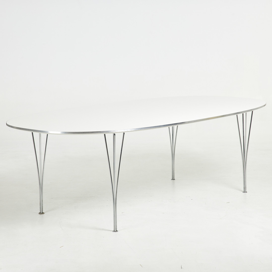 BRUNO MATHSSON & PIET HEIN. Bord, ''Superelips'', vit laminat, aluminiumkant, 4 kromade spännben, Danmark 1997.