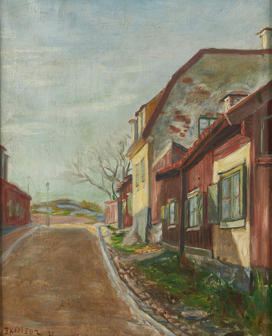 FRITZ KARLSON (1900-tal), 3 st, Söderkåkar, varav 2 signerade, olja på duk.