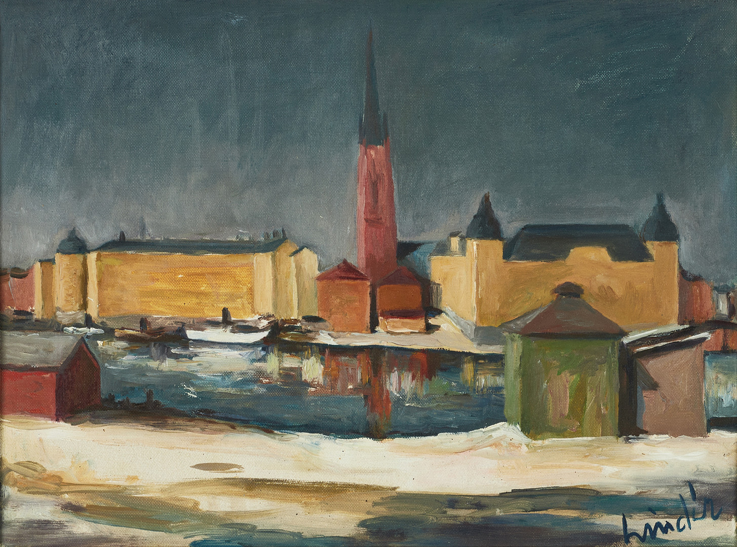 SVEN LINDER (Uppsala 1919-2007 Vallentuna), Vinterkväll – vy mot Riddarholmen, signerad Linder, olja på duk uppfodrad på pappskiva.