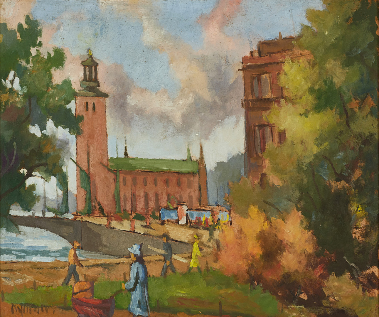 OIDENTIFIERAD KONSTNÄR (1900-tal), Stockholms stadshus sett från Serafimerparken, signerad Nyman, olja på pannå.