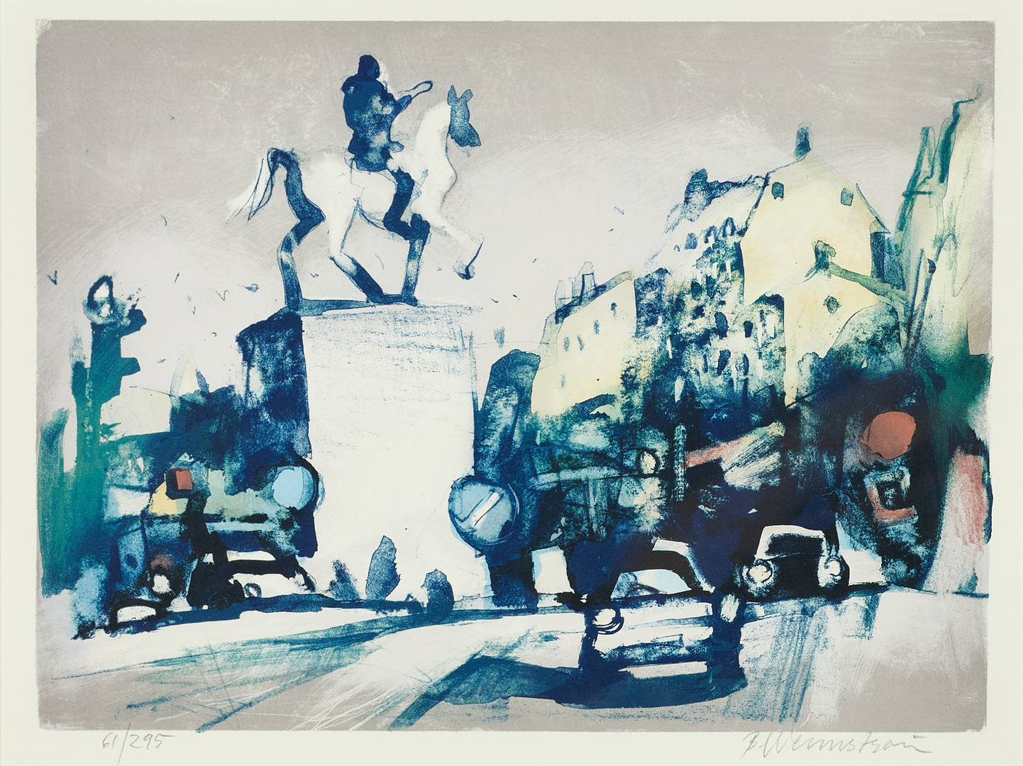 BERNDT WENNSTRÖM (född 1945 i Stockholm), Gatuscen vid Karl XIV Johans staty - Slussen, 35,5x44 cm), signerad B. Wennström och numrerad 61/295, färglitografi.