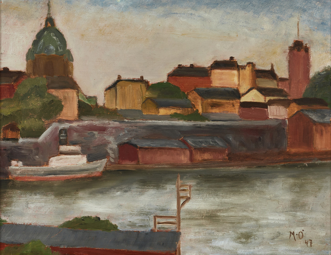 MAY ÖSTBERG (Gävle 1907- 1966 Gävle), Vy mot Stadsgården och Katarina kyrka från Kastellholmen, monogramsignerad och daterad M. Ö. -47, olja på pannå.
