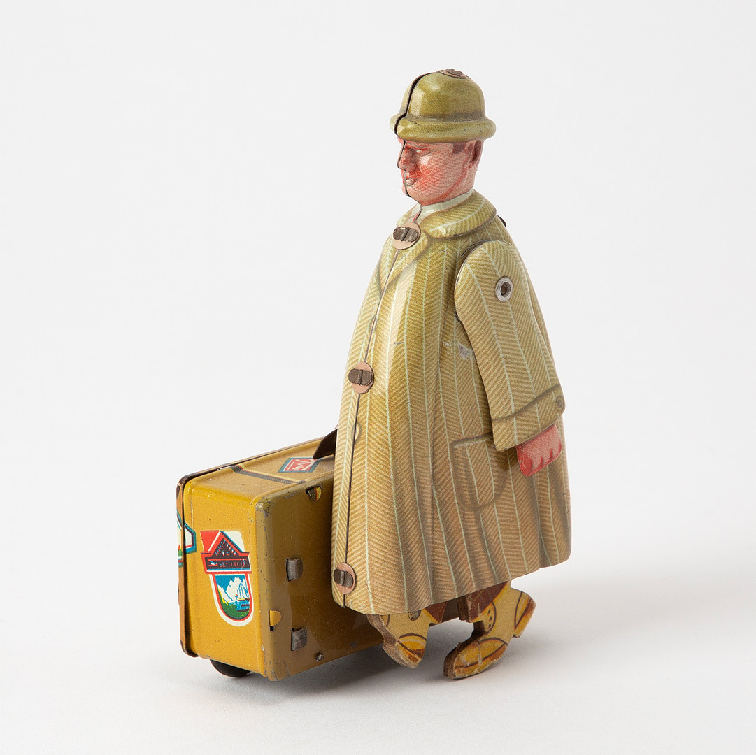 FRITZ VOIGT. Man med resväska, litograferad plåt, Västtyskland, 1950-tal.