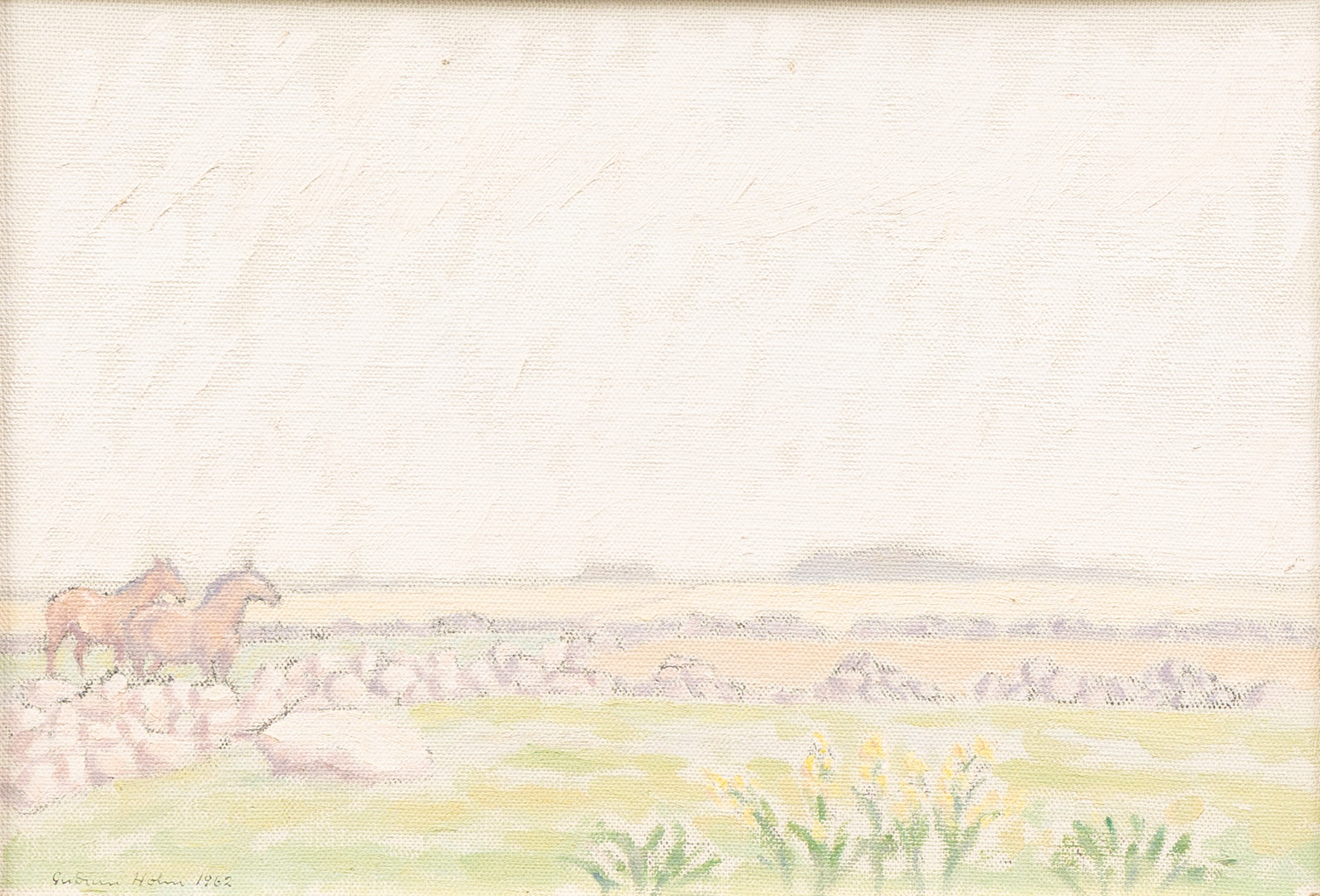 GUDRUN HOLM (1913-2006). Landskap med hästar, (Öland), olja på pannå, signerad.