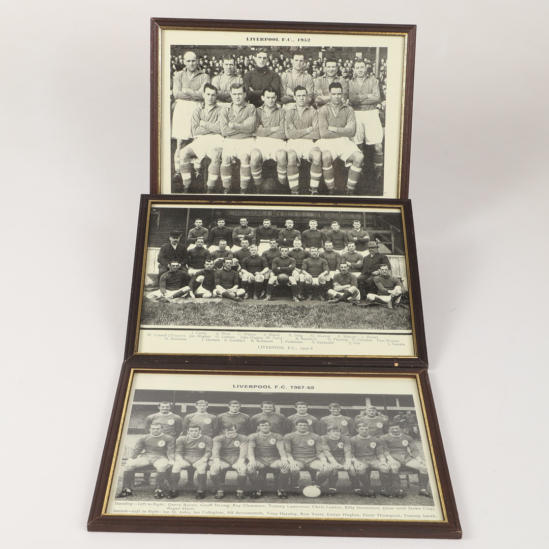 LIVERPOOL F.C., inramade tryck, 3 stycken, laguppställning, 1905-68.
