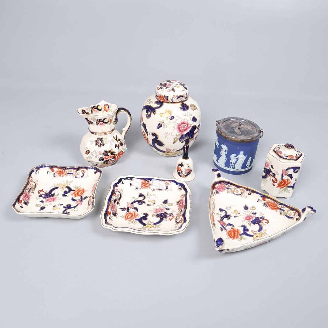 MASON'S IRONSTONE MANDALAY, AND A WEDGWOOD BISCUIT BARREL. (8).
