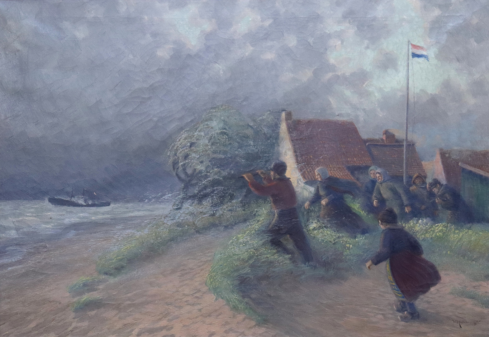 OIDENTIFIERAD KONSTNÄR. olja på duk, människor vid stormig kust.