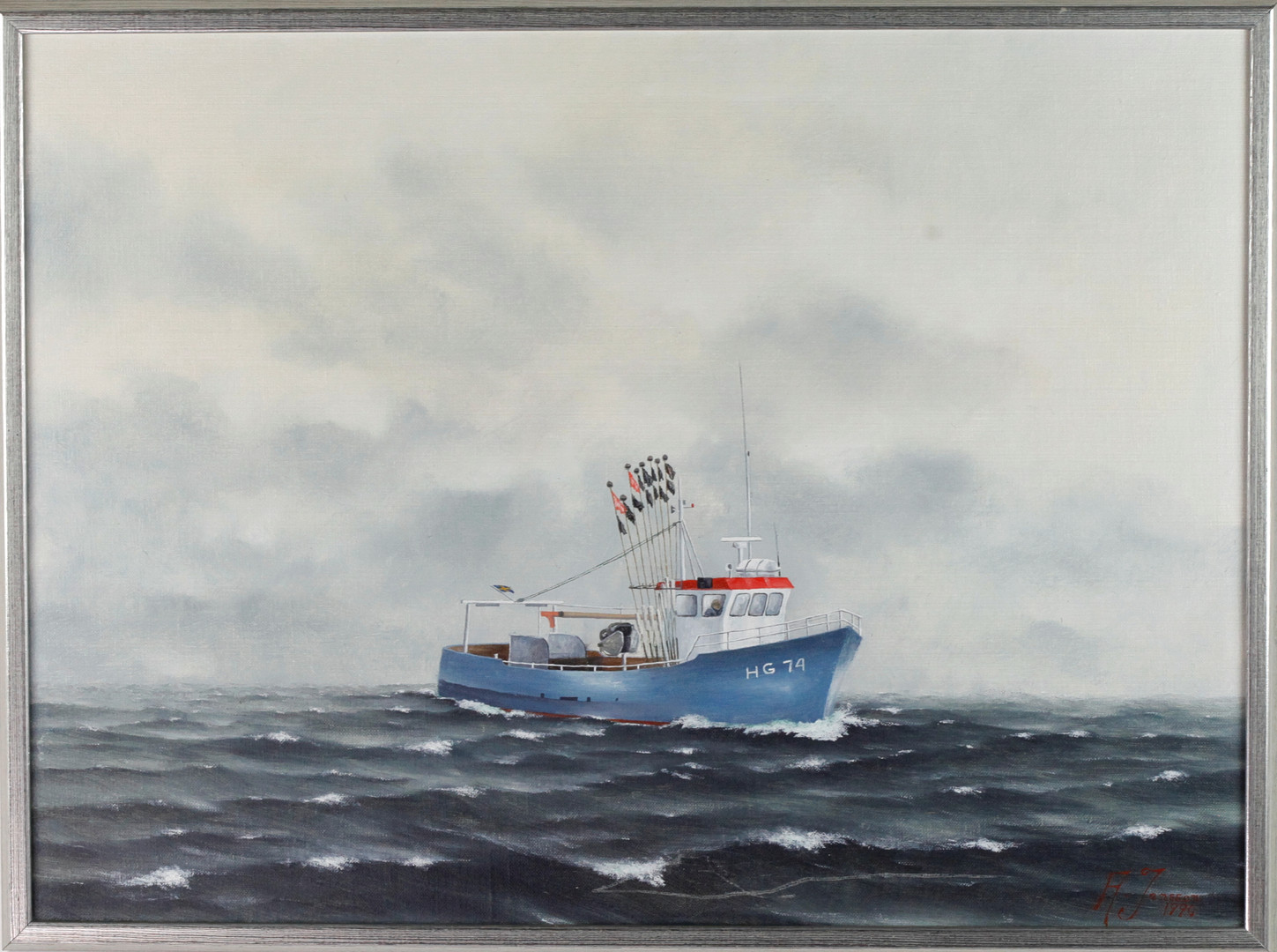 OIDENTIFIERAD KONSTNÄR. Olja på duk, fiskebåt HG74, signerad, A Jensson.