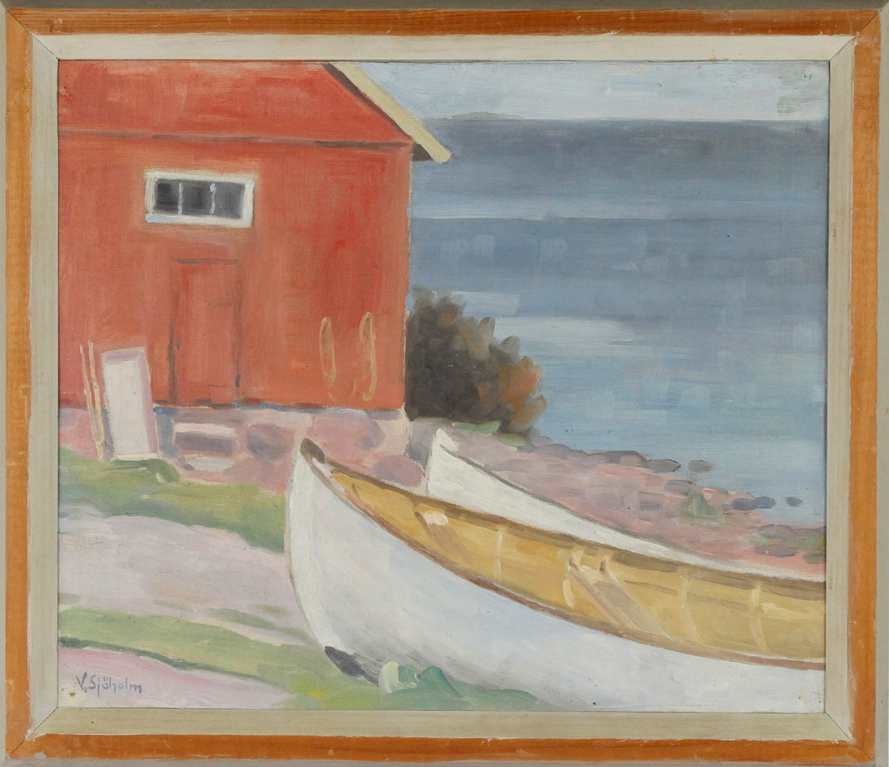 VILLE SJÖHOLM. Olja på pannå, båtar på land och sjöbod, signerad.