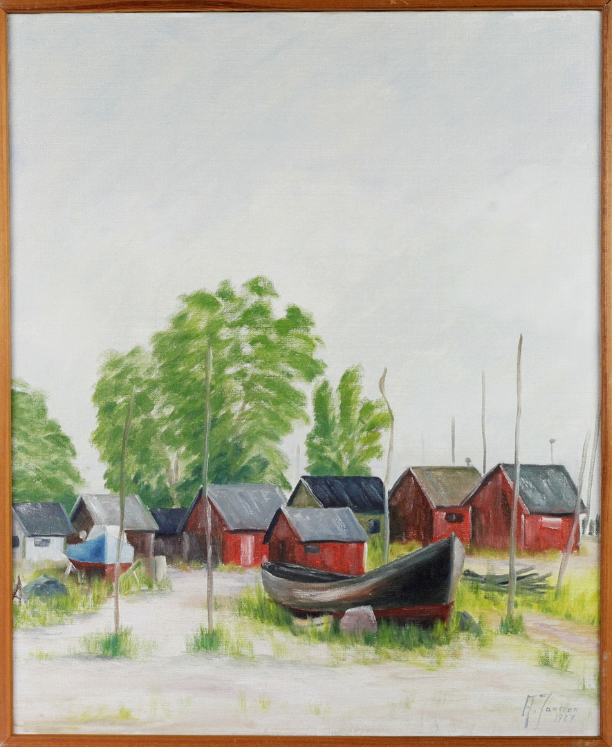 OIDENTIFIERAD KONSTNÄR. Olja på duk, fiskebodar, signerad, A. Jansson, 1987.