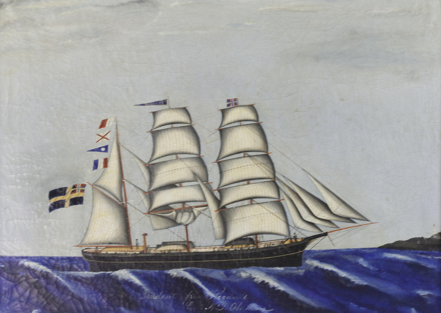 OIDENTIFIERAD KONSTNÄR. Olja på duk, barken "Prudent", Höganäs, signerad, troligen N.P Ohlsson, 1900-tal.