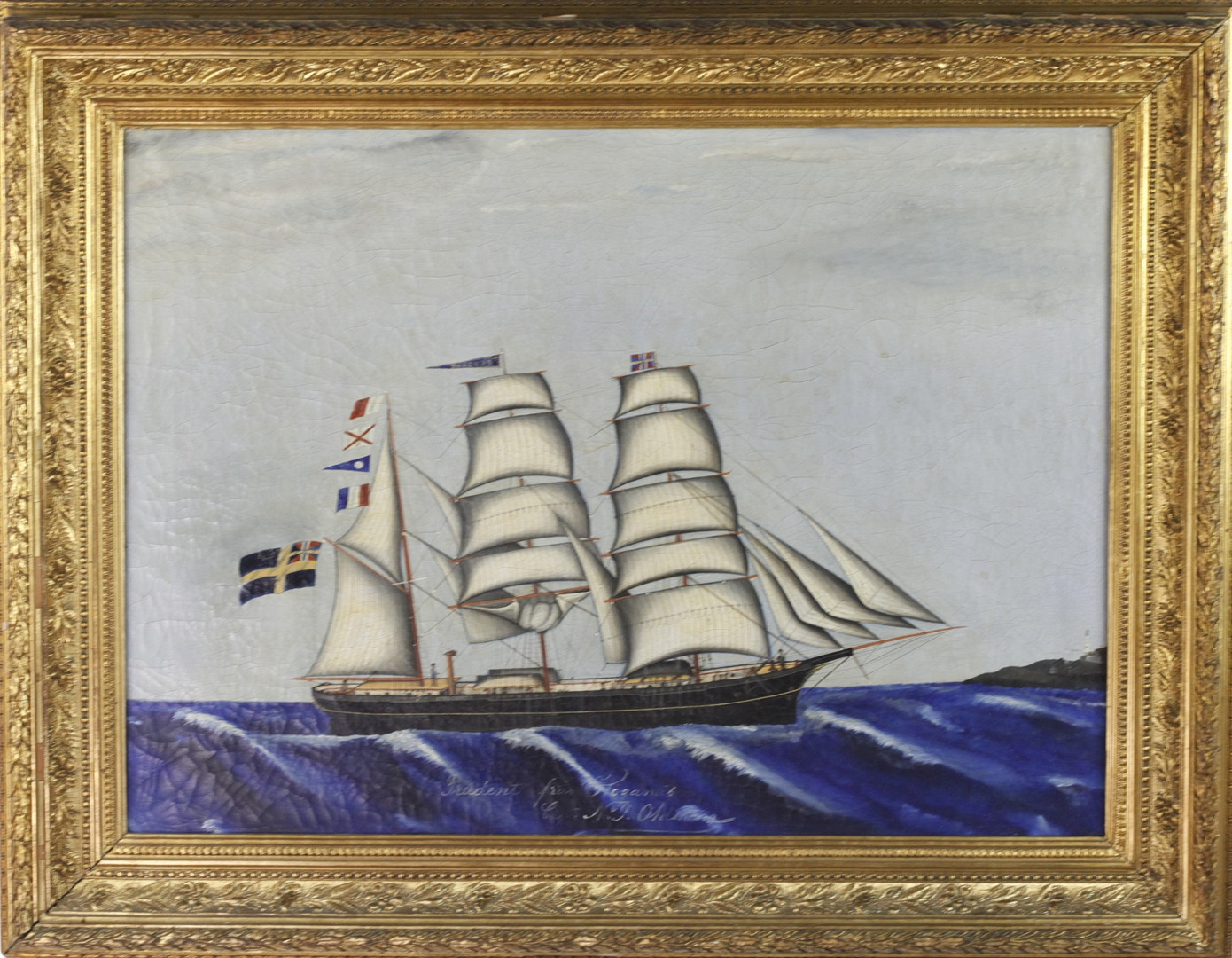 OIDENTIFIERAD KONSTNÄR. Olja på duk, barken "Prudent", Höganäs, signerad, troligen N.P Ohlsson, 1900-tal.