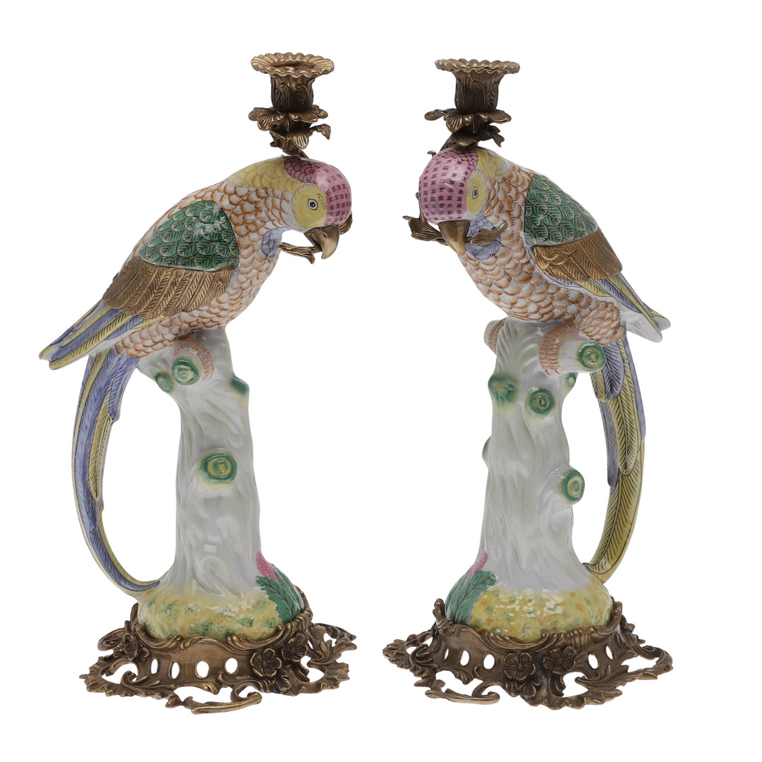 PAIR OF LARGE PORCELAIN PARROT CANDLE HOLDERS.