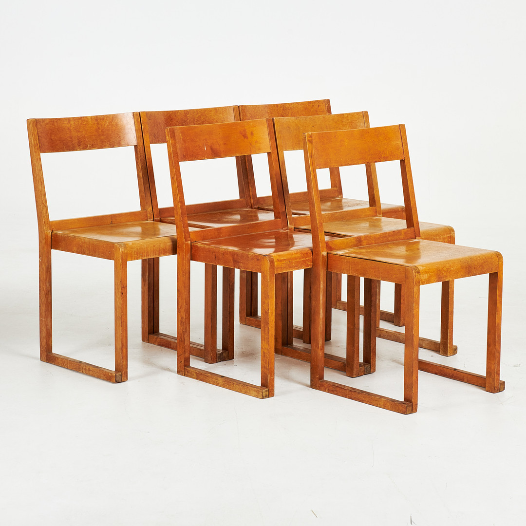 SVEN MARKELIUS. 6 st, "Orkesterstolen", Svenska Möbelfabrikerna Bodafors, skiktlimmad formpressad björk, stämpelmärkta SMF, 1940 tal.