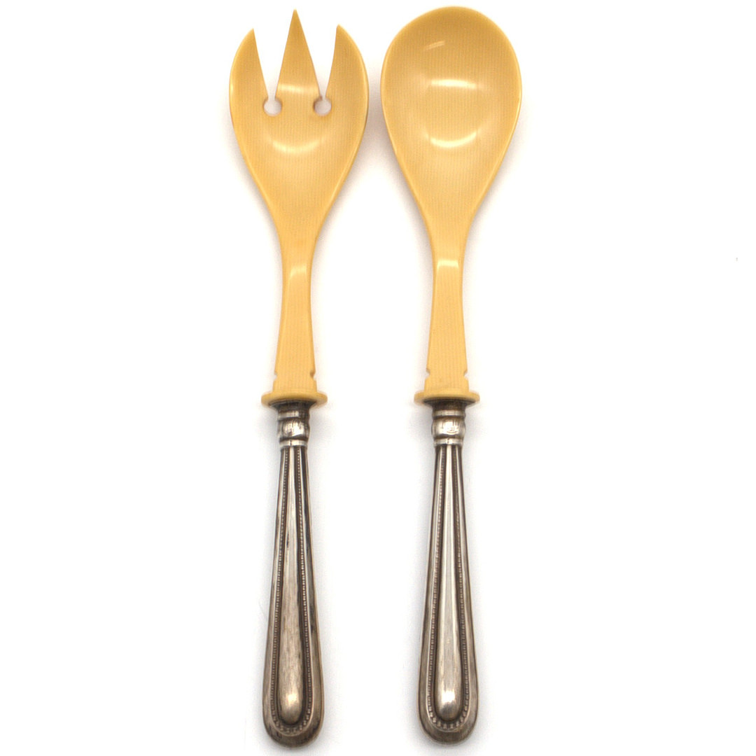 ANTIKES SALATBESTECK, GRIFFE AUS 800ER SILBER,LAFFE UND ZINKEN AUS HORN, MIT PERLRAND,HALBMOND UND KRONE, DEUTSCHLAND UM 1900.