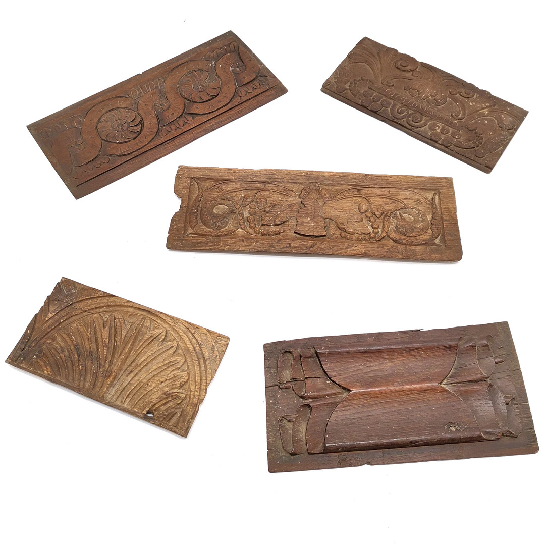 5 x ANTIQUE EARLY HAND CARVED WOODEN PANELS.