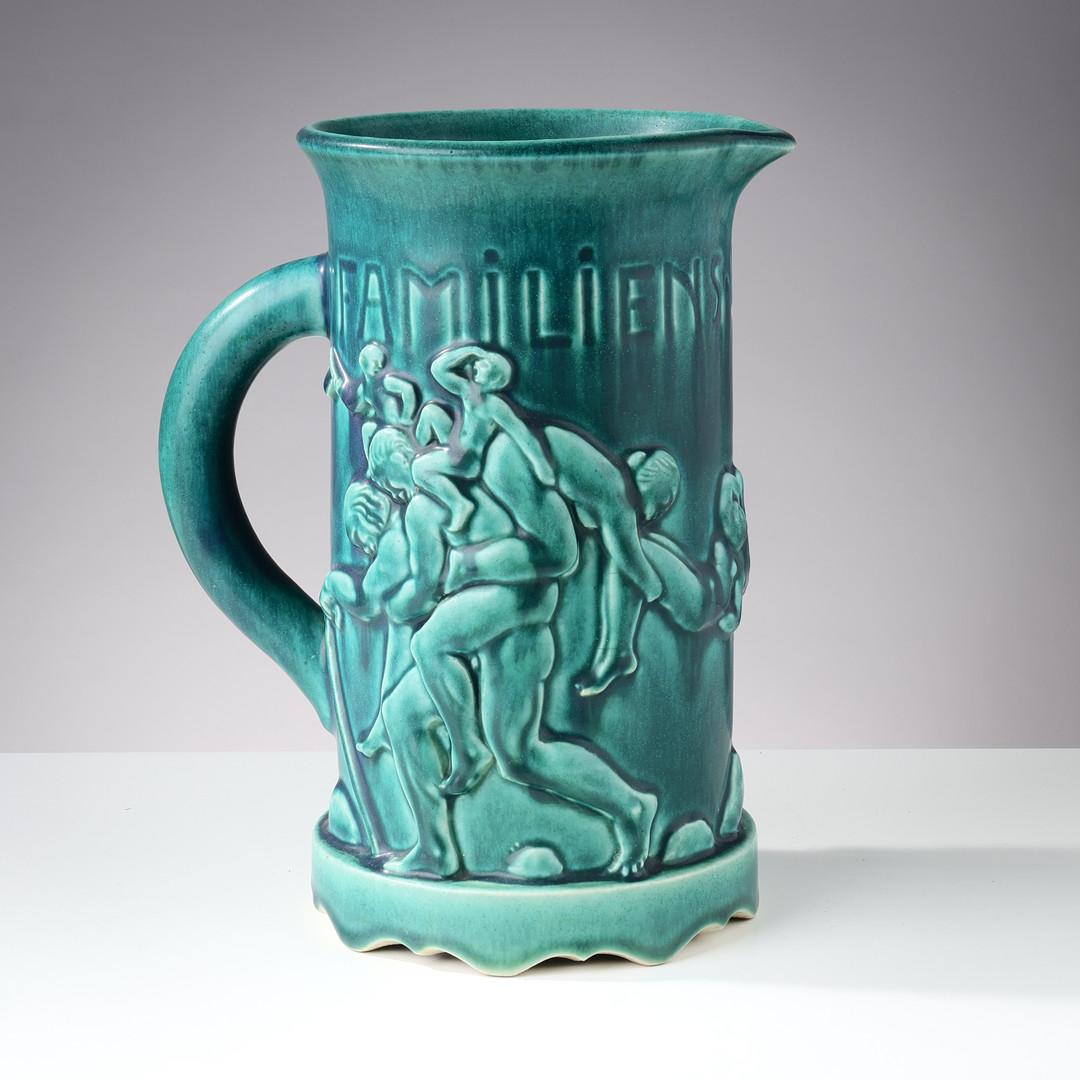 JENS JACOB BREGNØ (1877-1946). Large and unique stoneware jug modelled with a relief figure scene titled "Familiens Udvikling", Saxbo, Denmark, 1930s/40s.