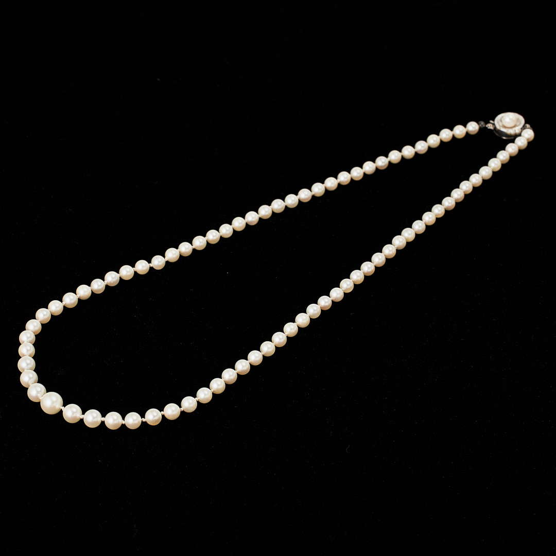 COLLIER, doserat, odlade saltvattenspärlor ca 4,8-8 mm, lås, silver med dekor av dito pärla.