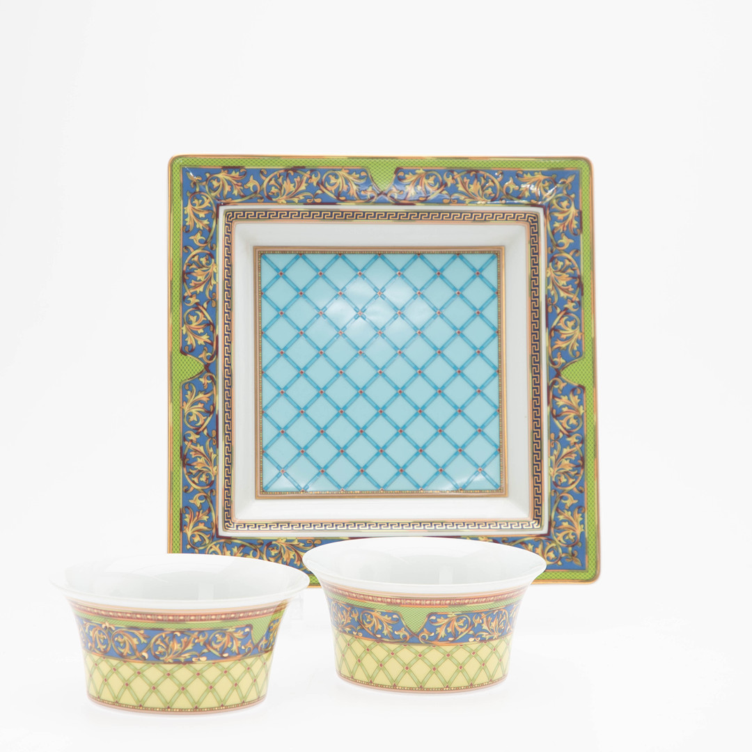 GIANNI VERSACE. Quadratische Schale mit zwei Schälchen ´Russian Dream`, Rossenthal.