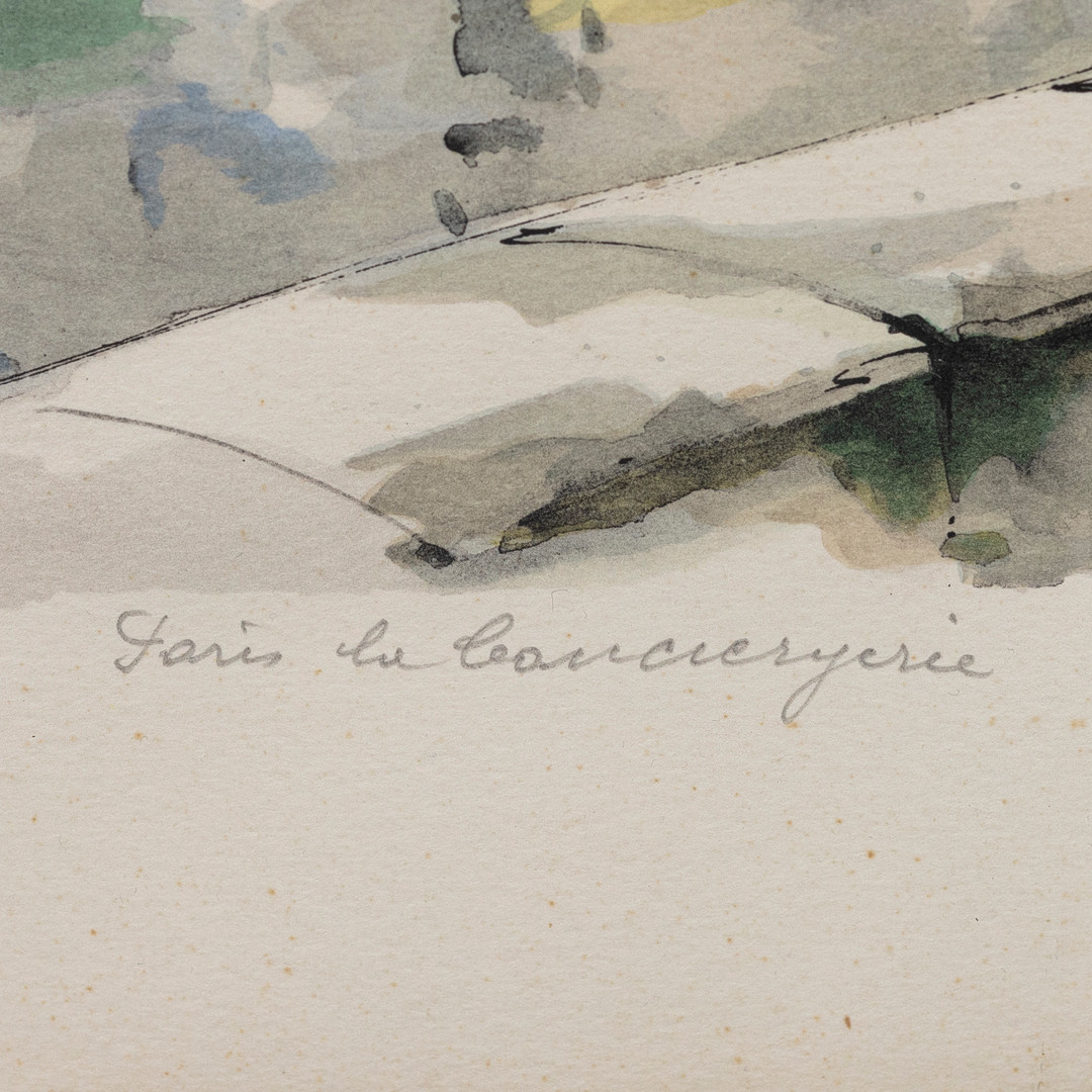 PIERRE EMILE GABRIEL LELONG (1908-84). "Paris le Consiergerie", blandteknik på papper, signerad G. Lelong.