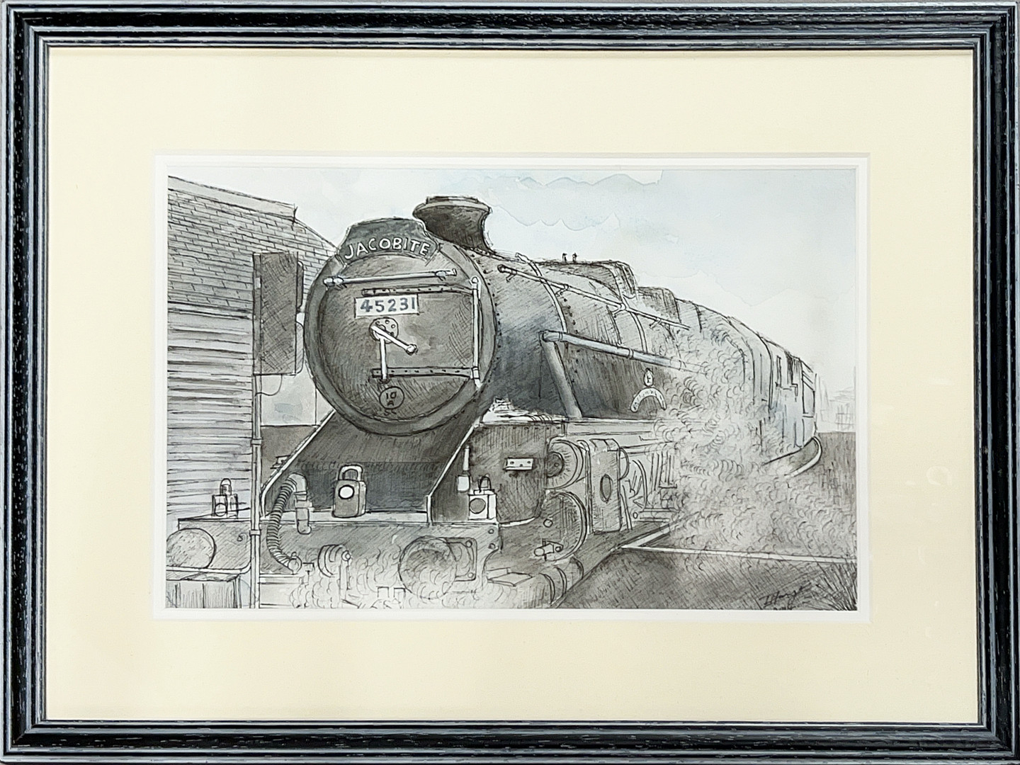 FRAMED PEN & WASH OF THE JACOBITE.