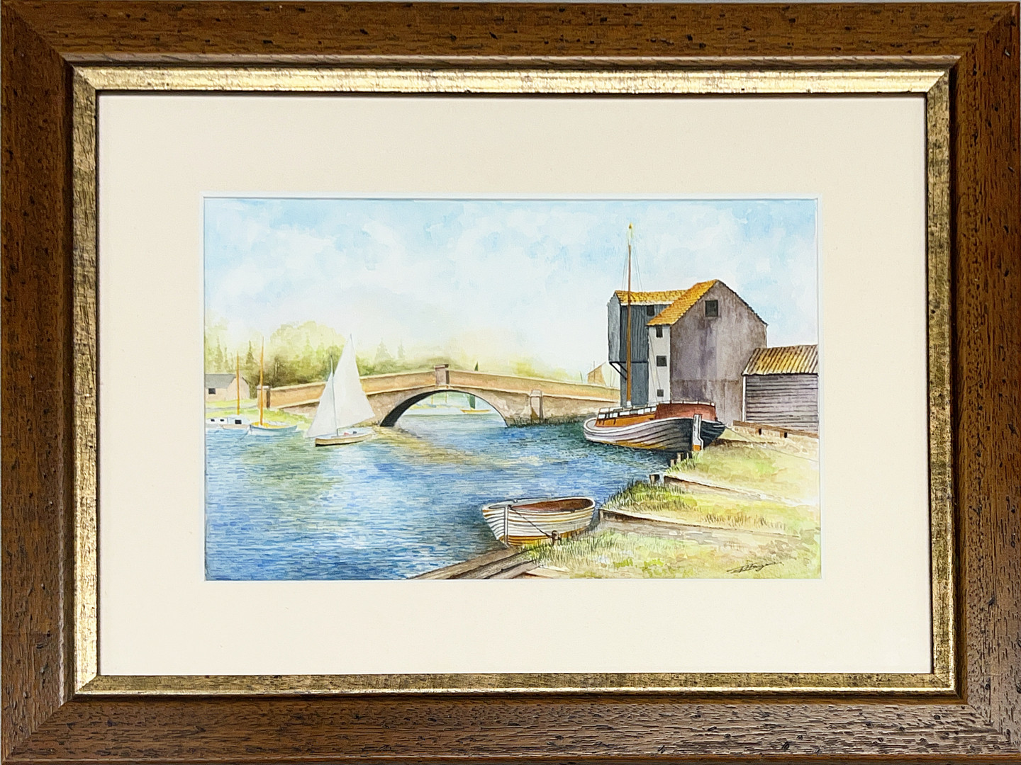 FRAMED WATERCOLOUR OF WROXHAM BRIDGE.
