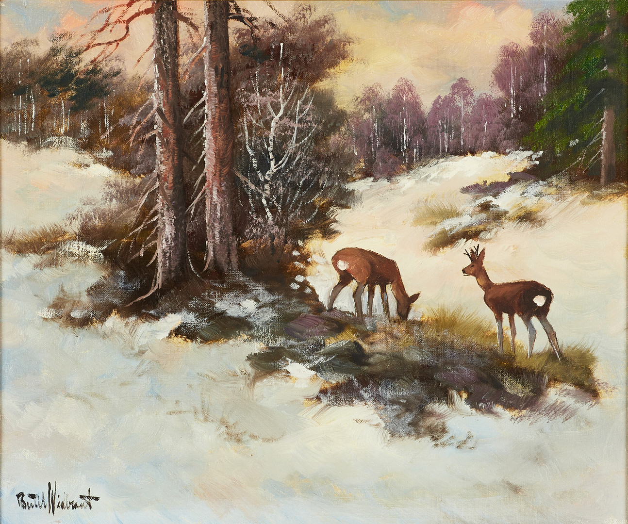 BERTIL WIDBRANDT (1914-1988). Råddjur i vinterlandskap, signerad, olja på duk.