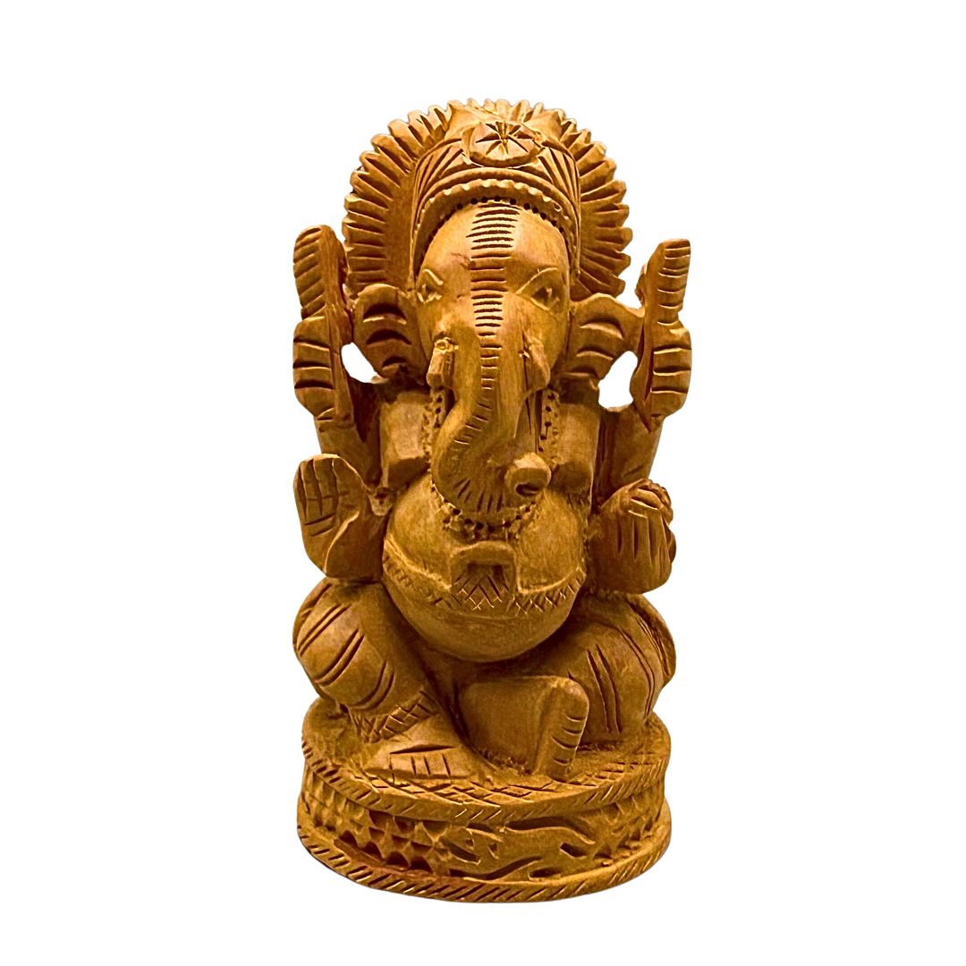 HANDGESCHNITZTE MINIATURFIGUR AUS HOLZ VOM GOTT GANESHA.