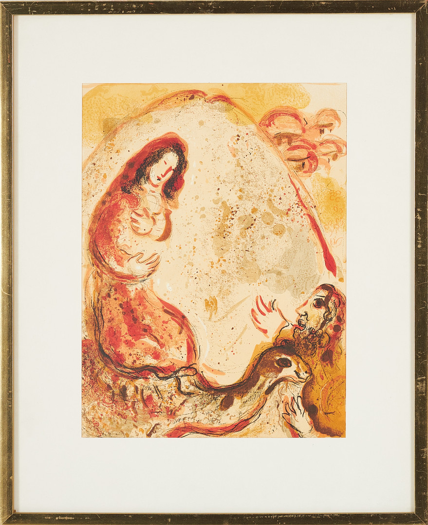 MARC CHAGALL. EFTER. "Rakel gömmer sin fars husgeråd", färglitografi.
