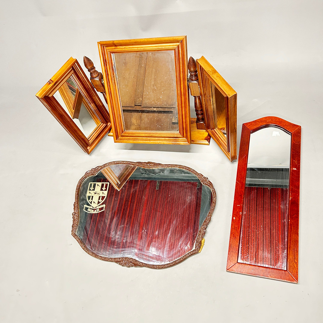 THREE WOODEN FRAMED MIRRORS.