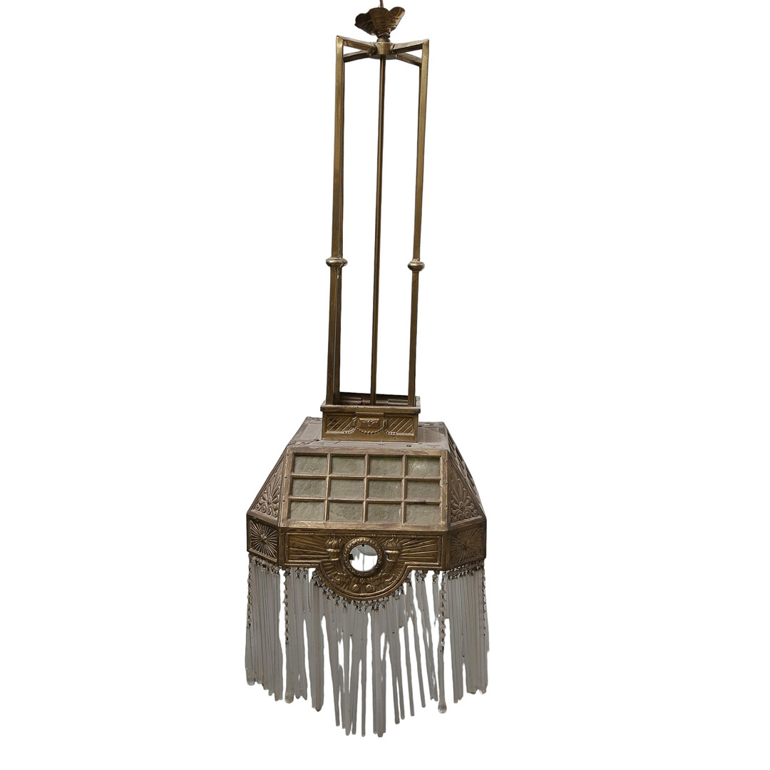 Art Nouveau ceiling lamp in brass and glass, circa 1900.