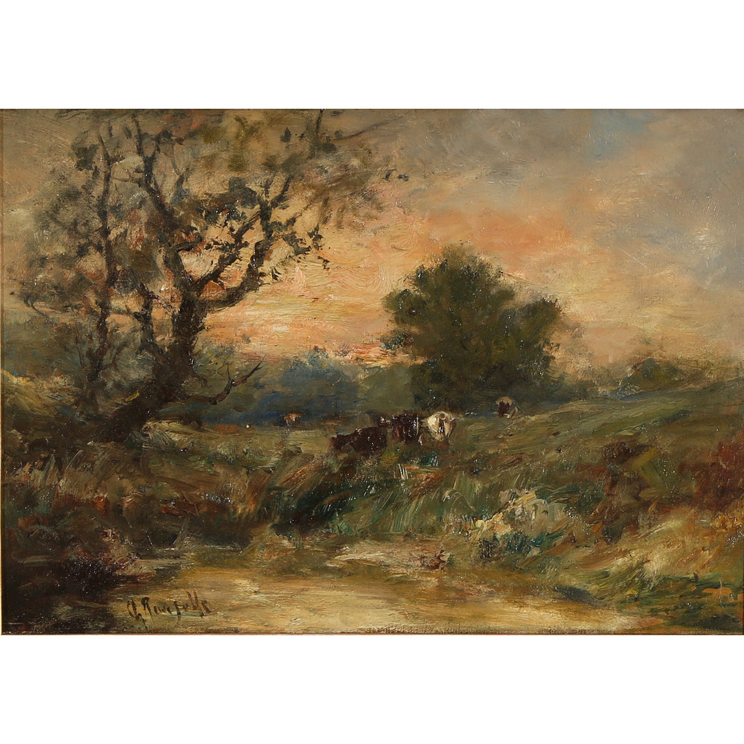 C. ROUSELLE. Pastoral scene med køer, olie på træplade, 1896.