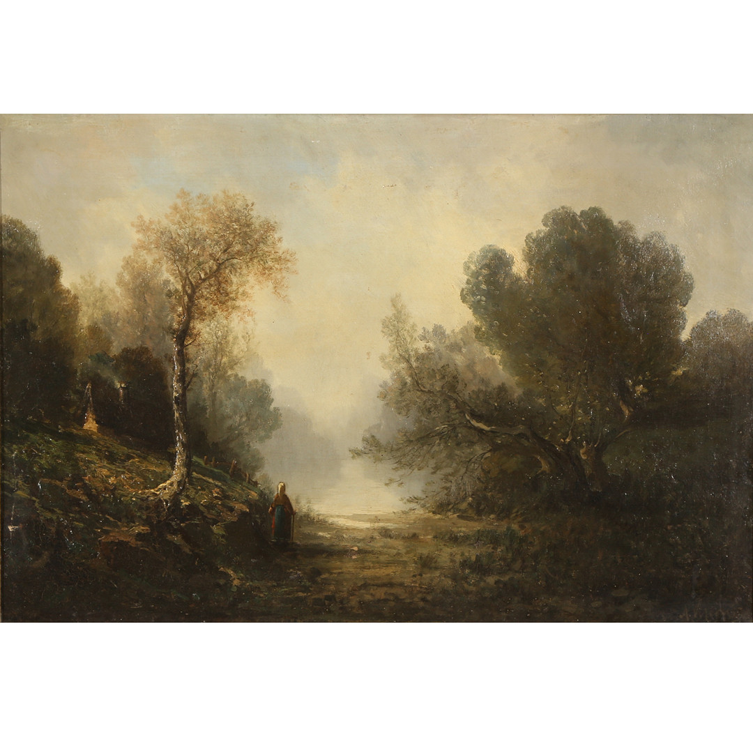 ADOLFO FERRAGUTI VISCONTI (1850-1924). Landskab med kvinde, olie på lærred, 1800-tallets slutning.