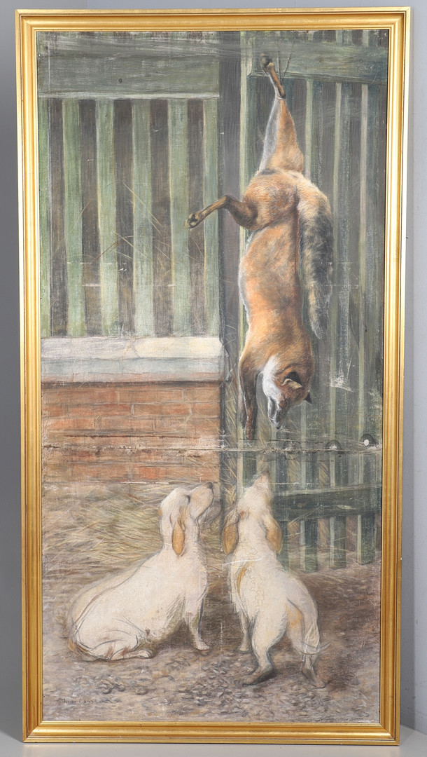 RÉNE CASSE (19TH/20TH CENTURY). CHIEN DE SAINT-HUBERT DOGS SITTING BEFORE A HANGING FOX.