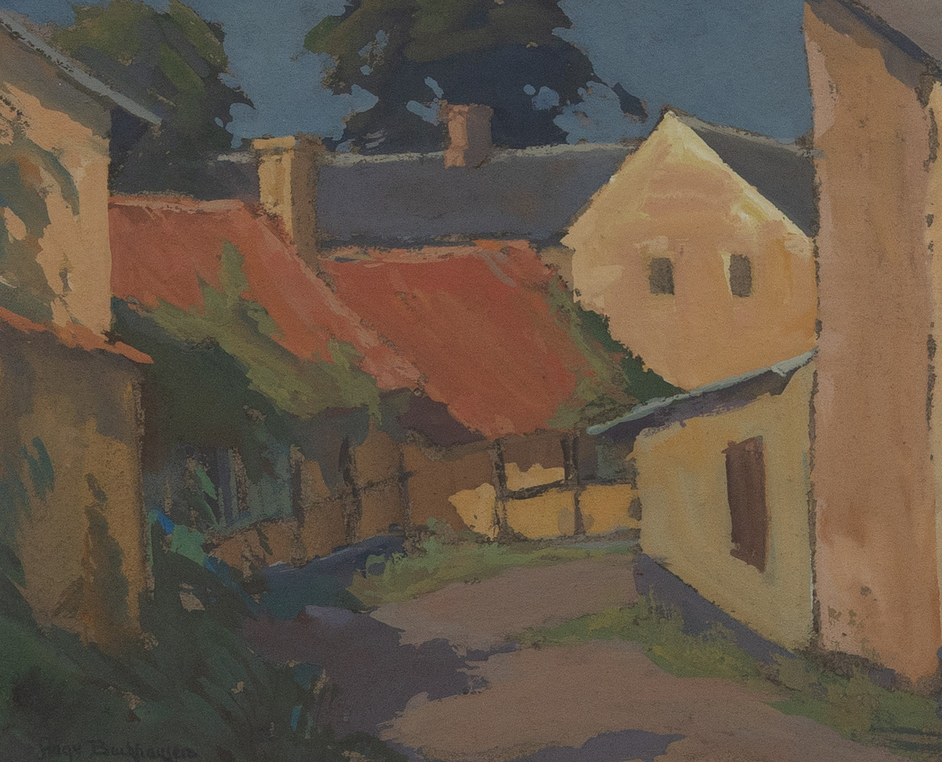 AAGE BACKHAUSEN (DANMARK, 1908-1966). Gatumotiv, Bornholm, blandteknik, signerad.