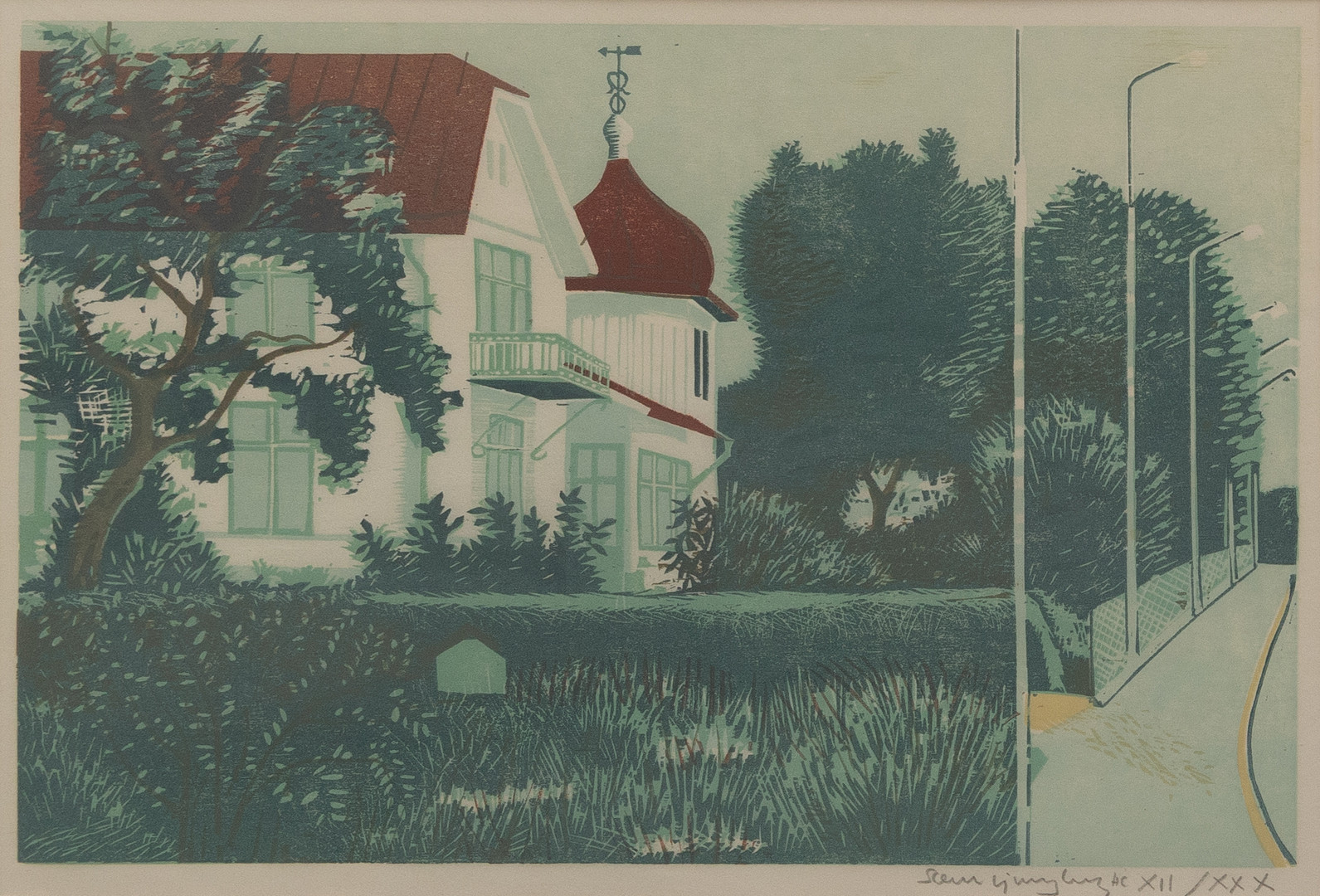 SVEN LJUNGBERG. "Evangelistens hus", Ljungby, litografi nr HC XII/XXX, signerad.