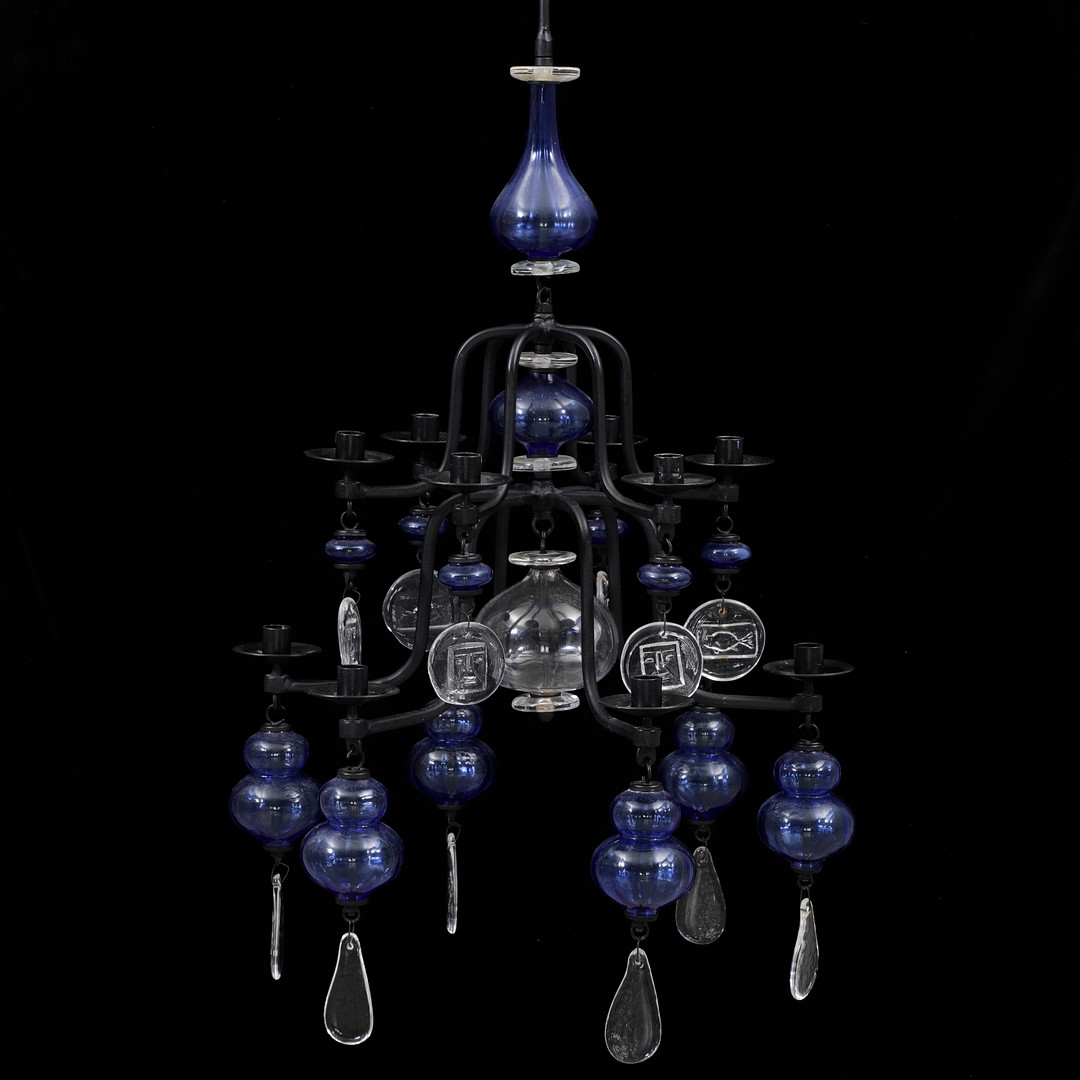 ERIK HÖGLUND. Ljuskrona, glas/smide, Boda, höjd 102 cm.