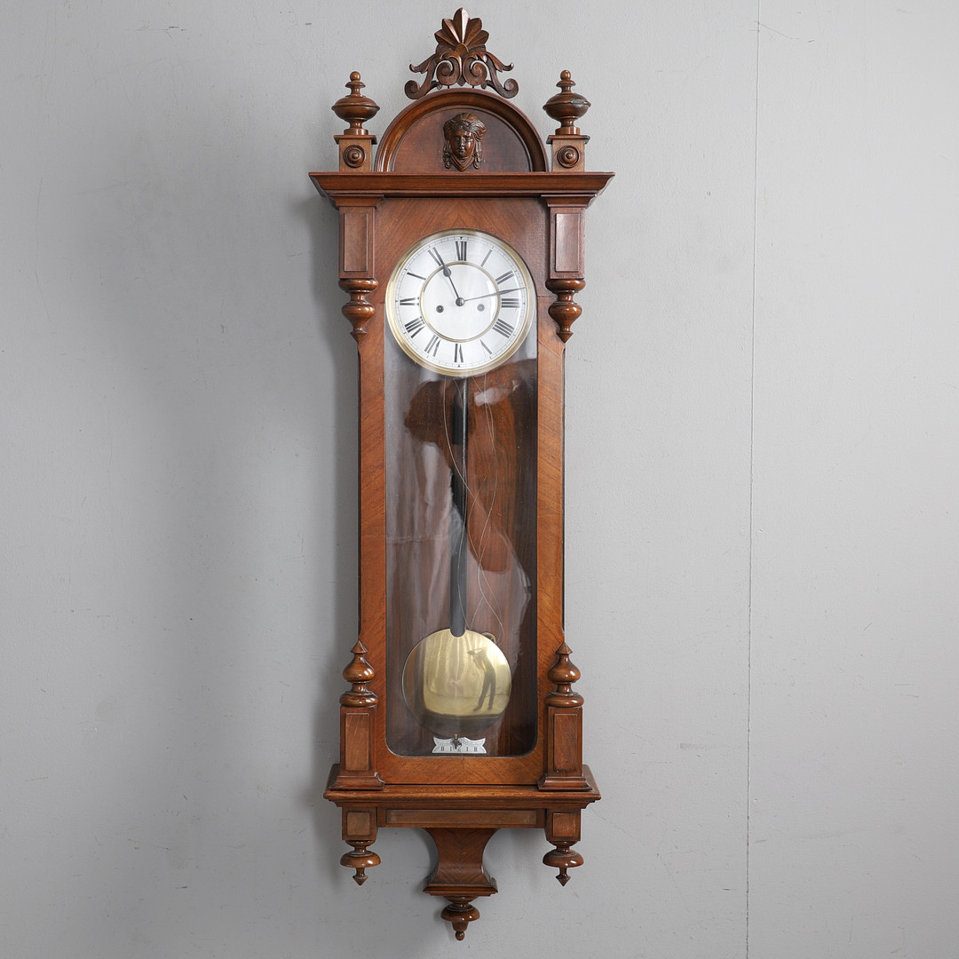 A 19TH CENTURY VIENNA STYLE WALNUT REGULATOR WALL CLOCK.