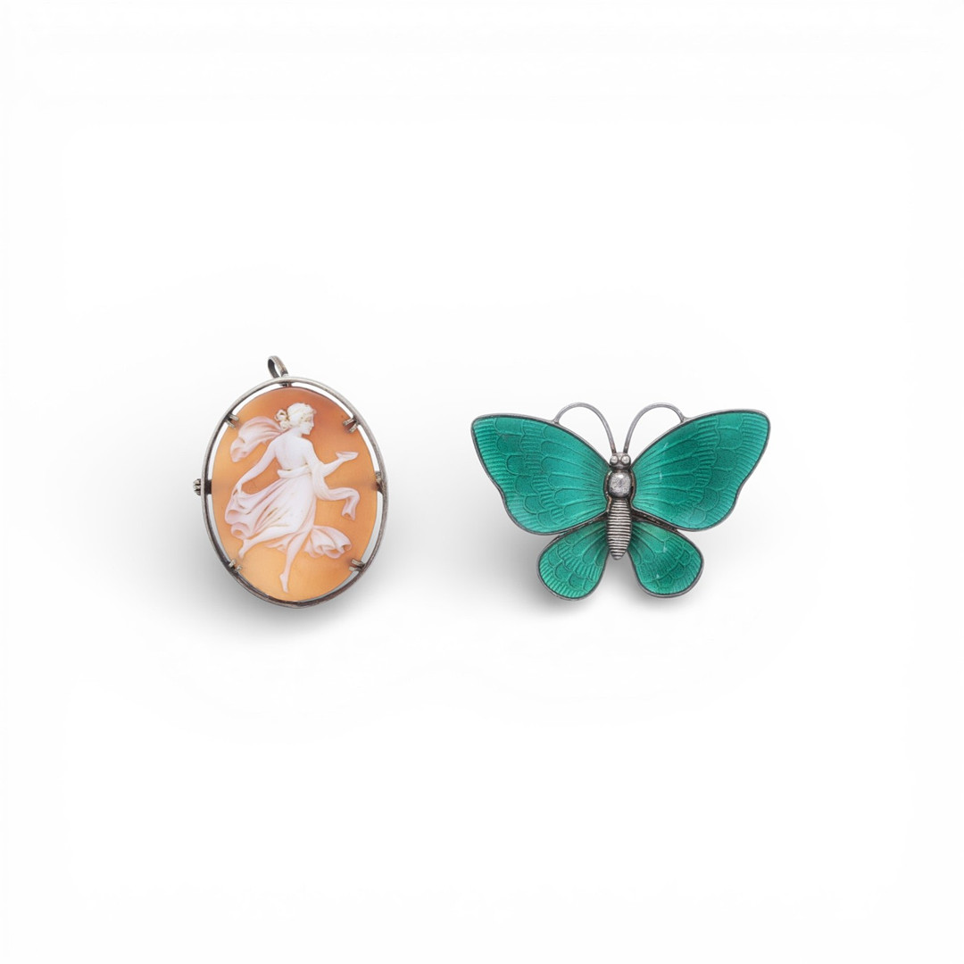 Butterfly brooch by Volmer Bahner and brooch-pendant with cameo, mid 20th Century.
