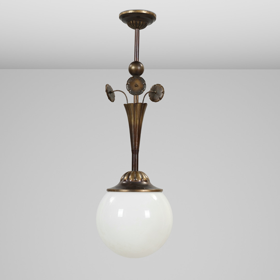 SCULPTURAL ceiling lamp in Nordic Art Deco style, manufactured in dark patinated brass with white glass shade, Danish or Swedish lamp manufacturer, 1930s/40s.