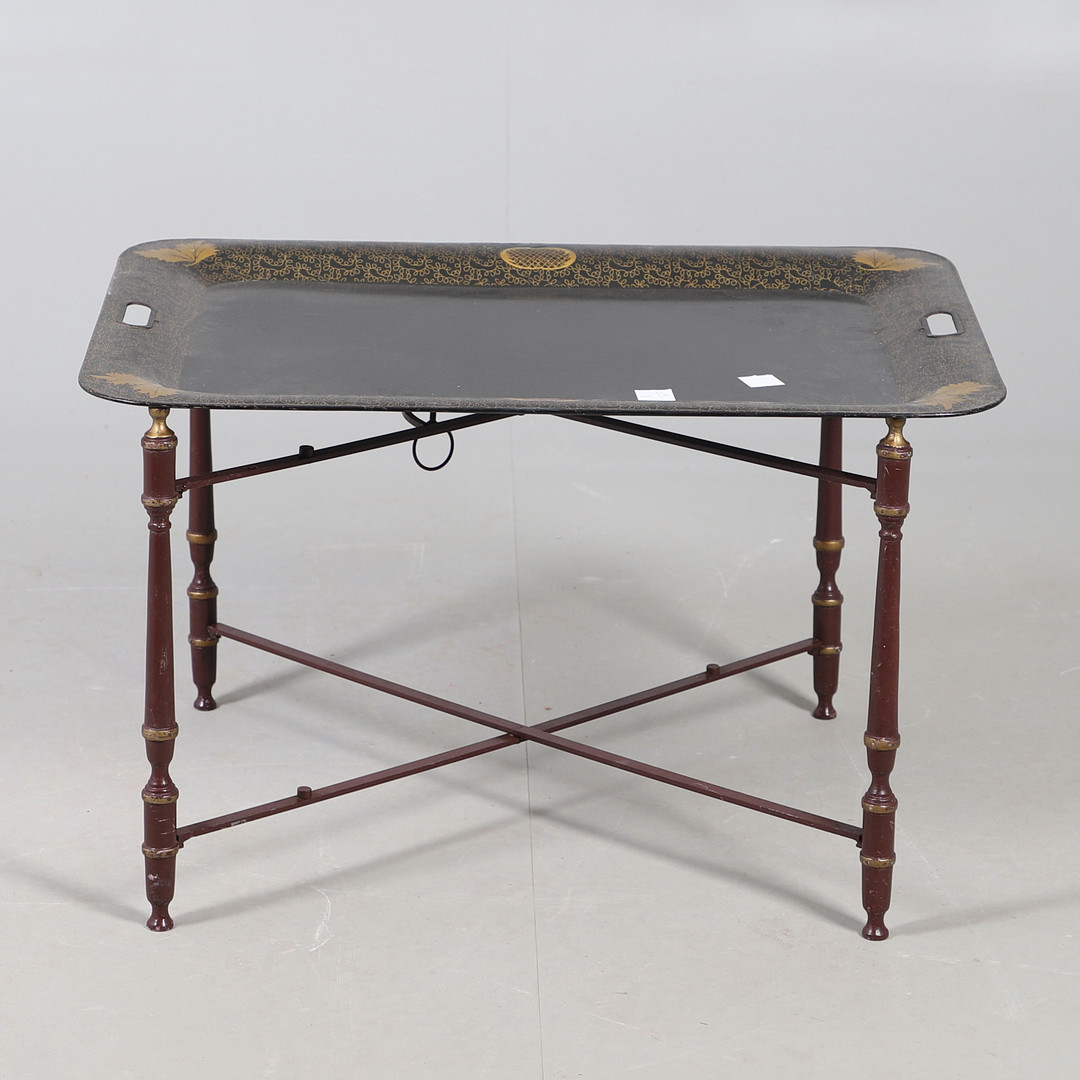 A MODERN TOLE STYLE PAINTED TRAY ON STAND.
