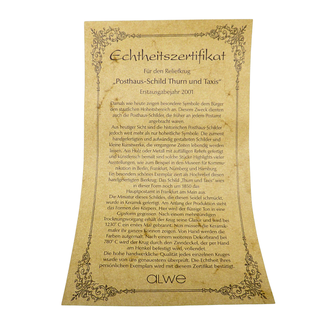 ALWE BIERKRUG AUS KERAMIK MIT ZINNDECKEL UND OBER-POSTAMT-MOTIV + ECHTHEITSZERTIFIKAT.
