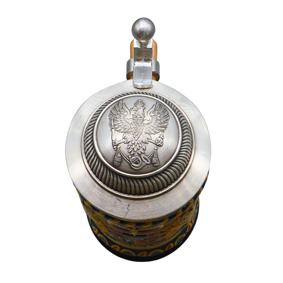 ALWE BIERKRUG AUS KERAMIK MIT ZINNDECKEL UND OBER-POSTAMT-MOTIV + ECHTHEITSZERTIFIKAT.