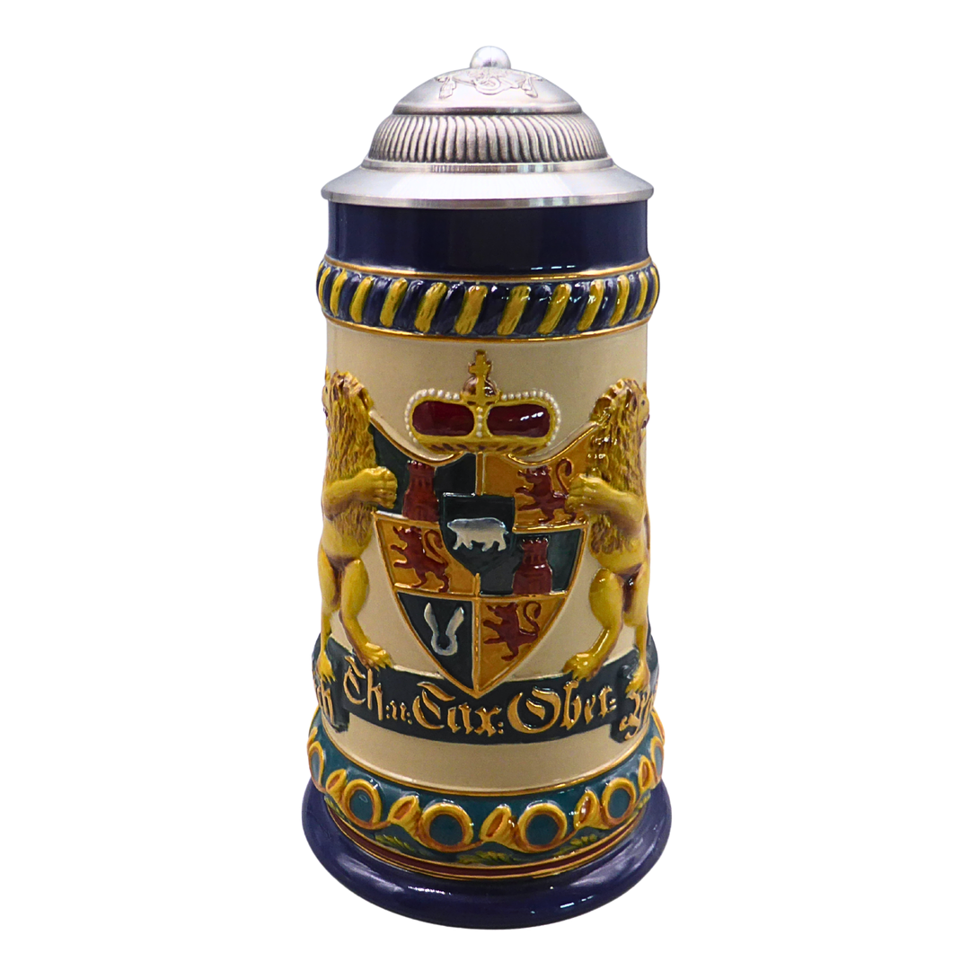 ALWE BIERKRUG AUS KERAMIK MIT ZINNDECKEL UND OBER-POSTAMT-MOTIV + ECHTHEITSZERTIFIKAT.