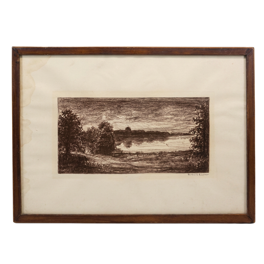 LANDSCHAFTSRADIERUNG AN EINEM SEE VON HERBERT LÜTTER.