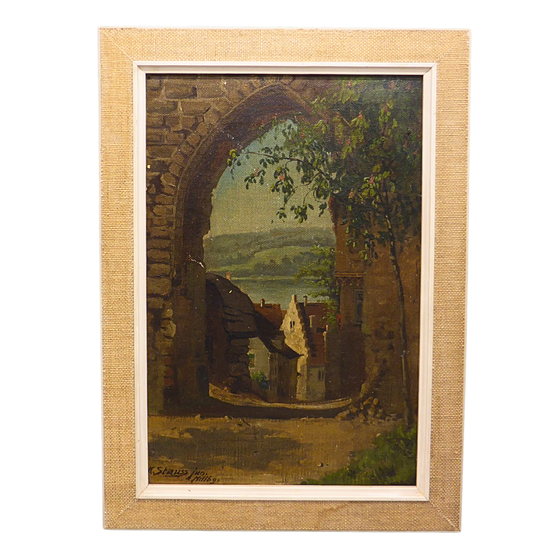 ÖLGEMÄLDE BOGENARCHITEKTUR MIT DORF UND FLUSSLANDSCHAFT VON K. STAUSS JUN.